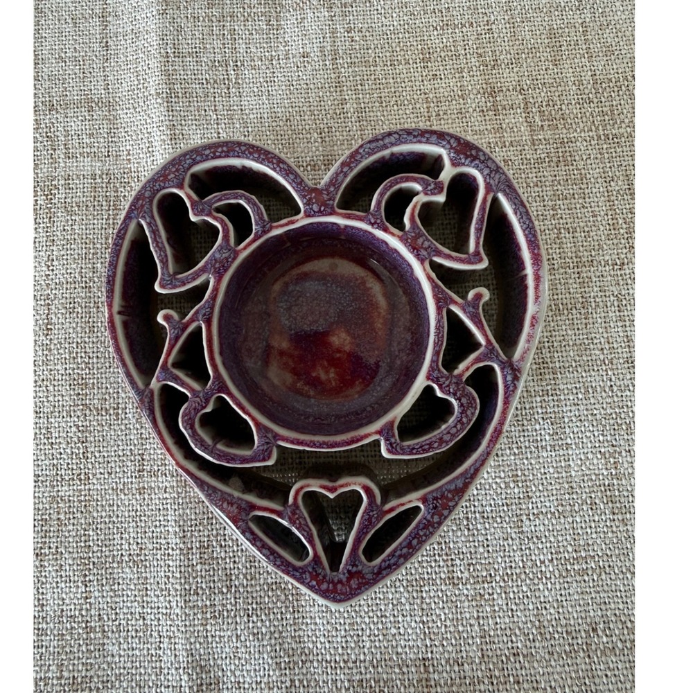 Handcrafted Heart Candle Holder Purple Excellent Ceramic Cutout Drip Glaze